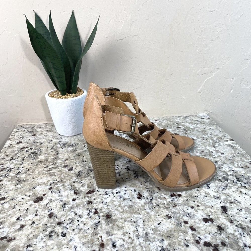 Report Womens Tan Brown Gladiator Strappy Block Heel Sandals Size 9 Buckle Strap